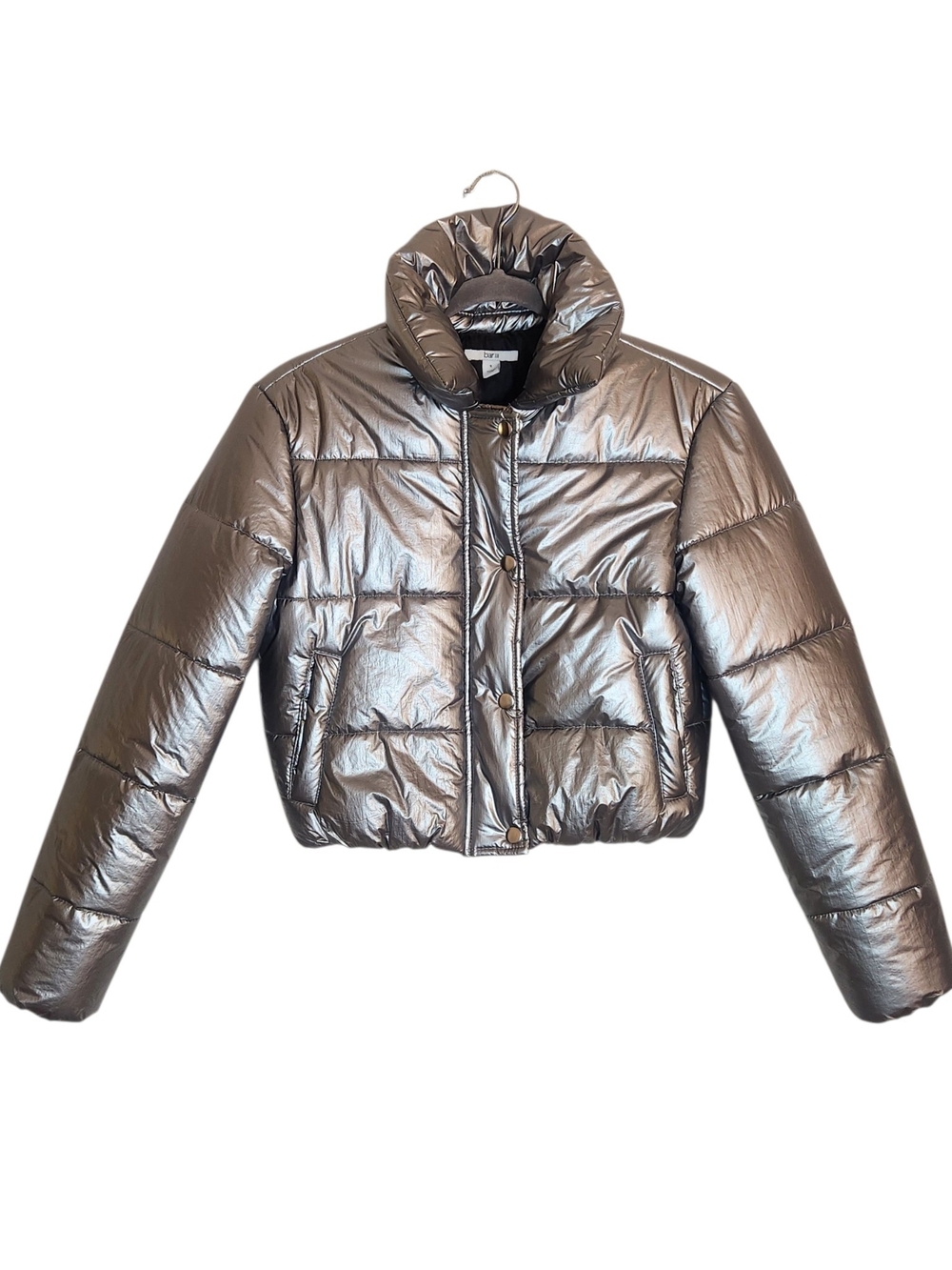 Bar III Metallic Silver Cropped Puffer Jacket Size Small Flaw